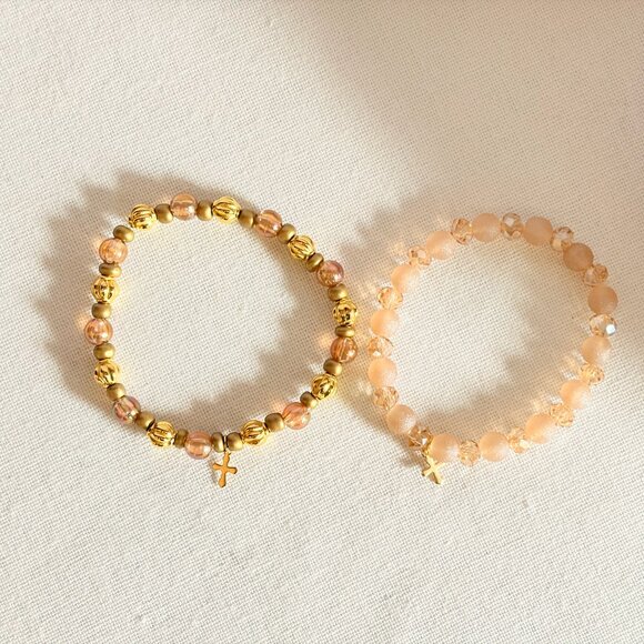 Gold & Blush Beaded Bracelet Set with Cross Charms – Handmade Bracelets - Picture 2 of 2
